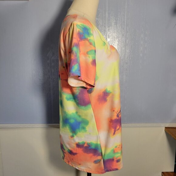 Eye Candy 1X Orange Green Bright Colorful Tie Dye Square Neck Shortsleeve Tee - Picture 4 of 9